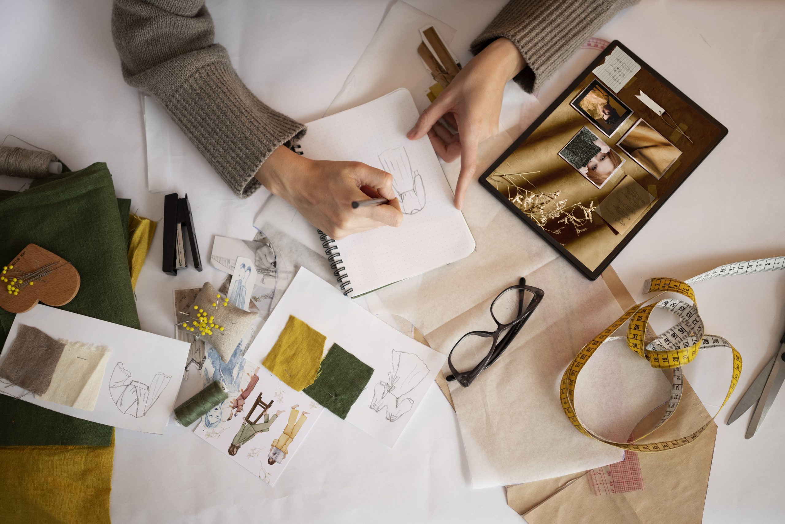 Mujer diseñando con bocetos